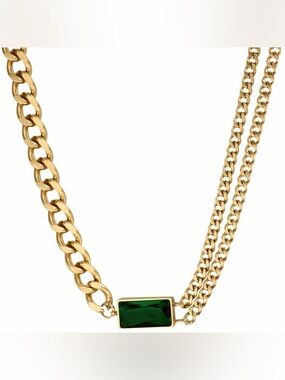 Gold Chain Necklace with Green Stone Pendant - Women Jewelry